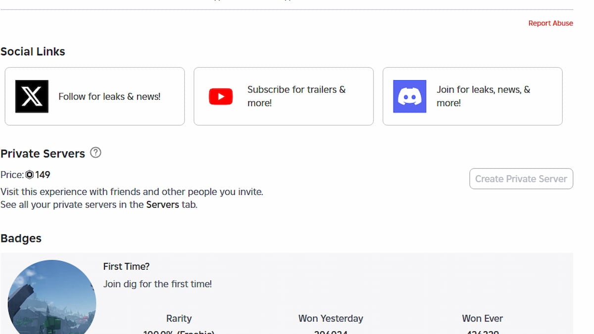 The DIG It Private Server Purchase Menu