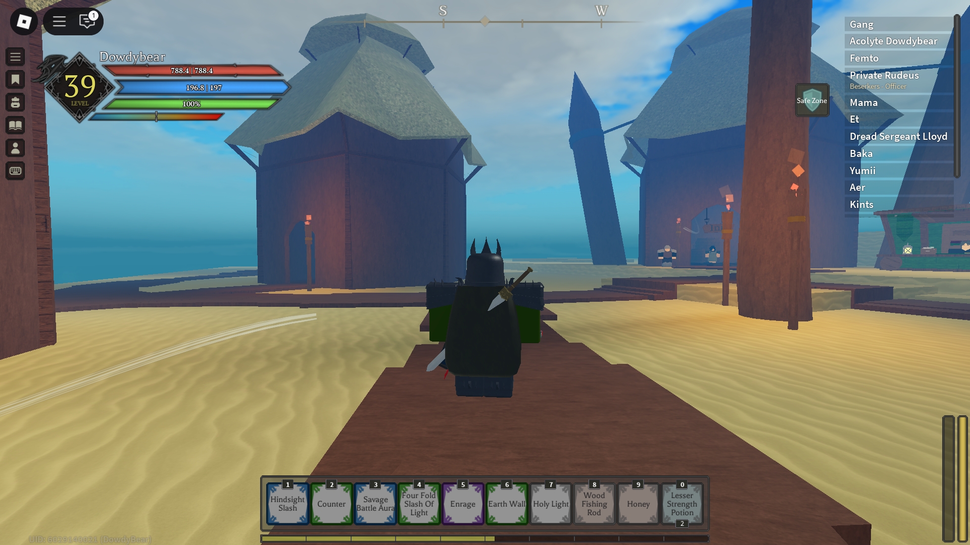 Rune Slayer player is standing in a beach village