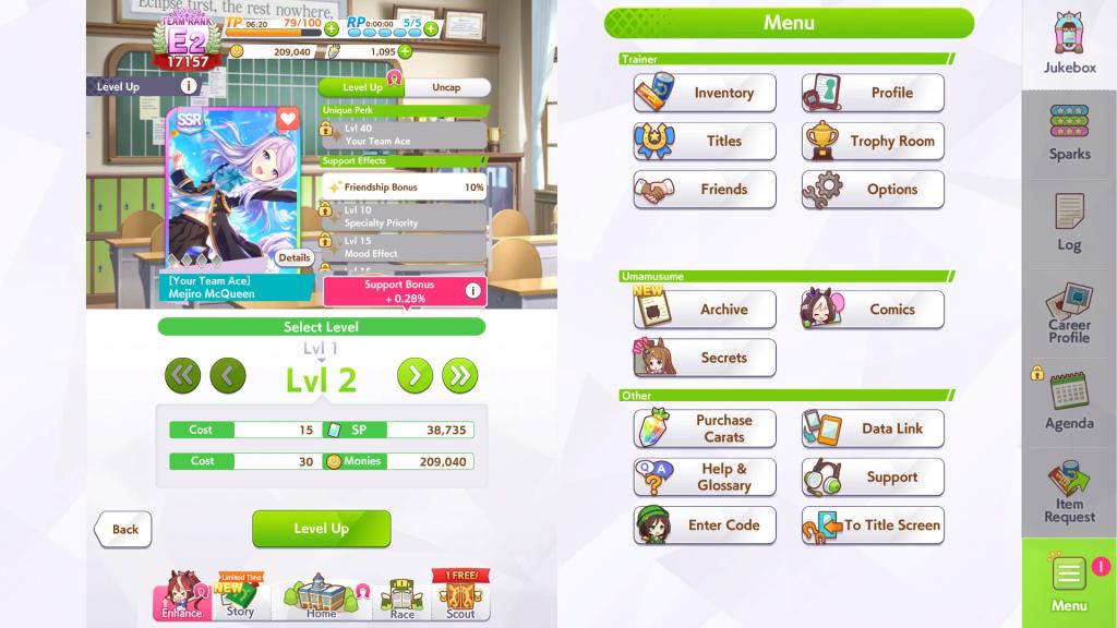 Preview of the Level Up menu that lets one level up their support cards in Umamusume: Pretty Derby.