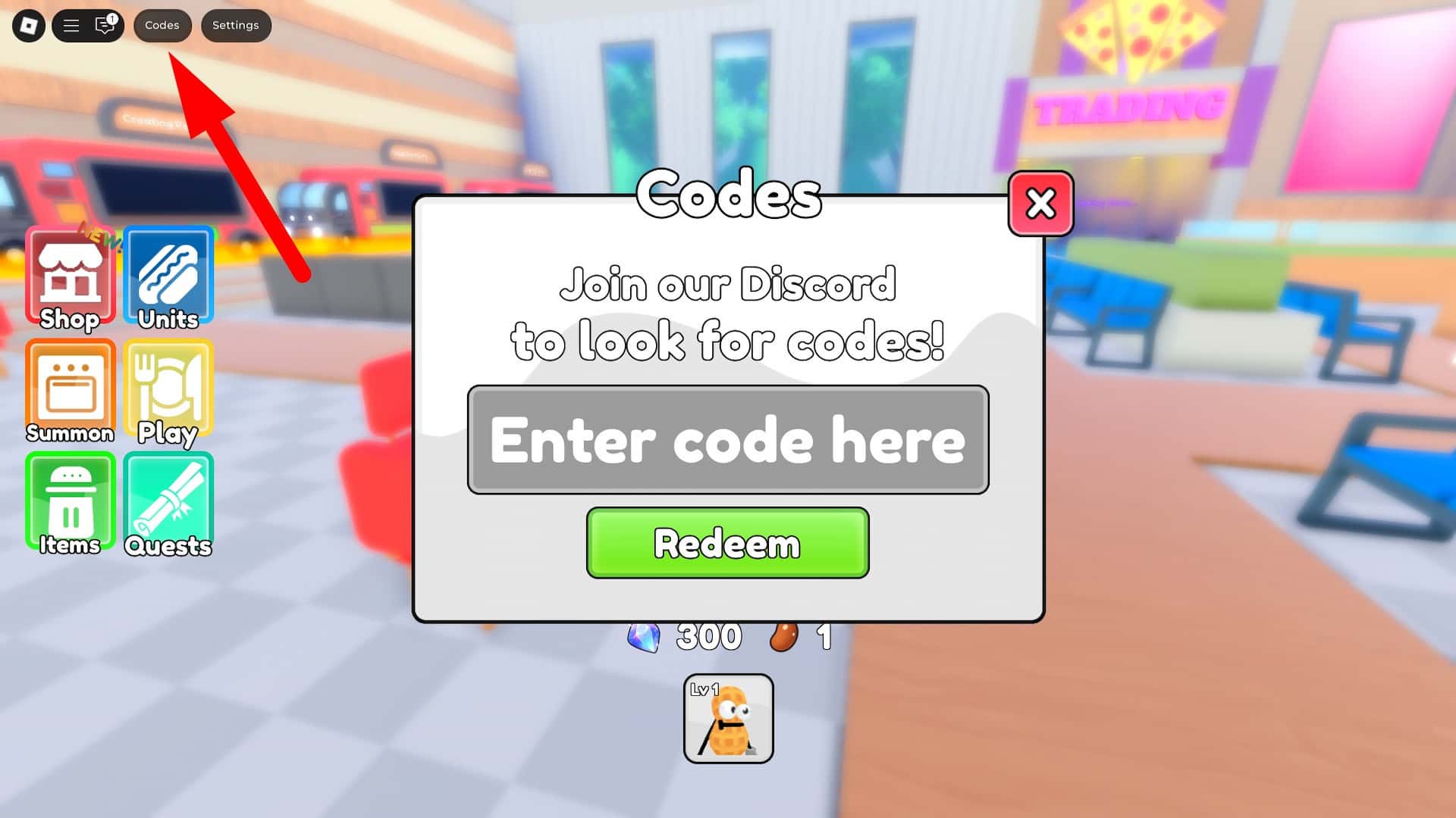 How to redeem codes in Food Tower Defense Roblox experience