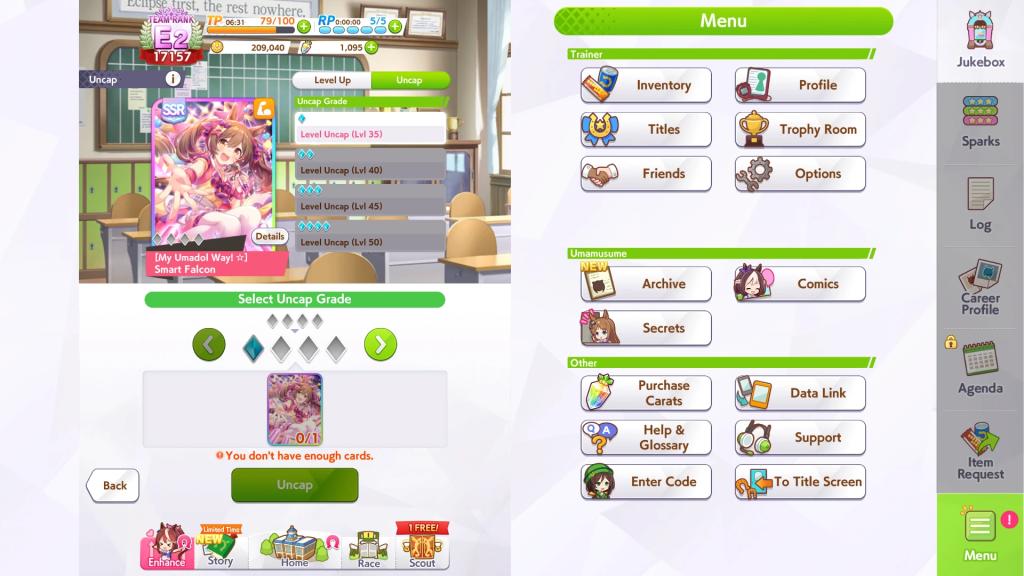 Preview of the Uncap menu that lets one increase the maximum level of their support cards in Umamusume: Pretty Derby.
