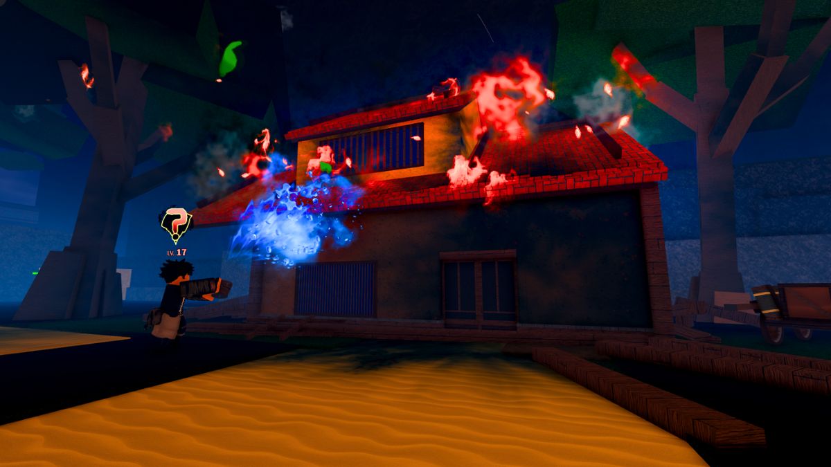 Burning house in Kaizen Roblox game