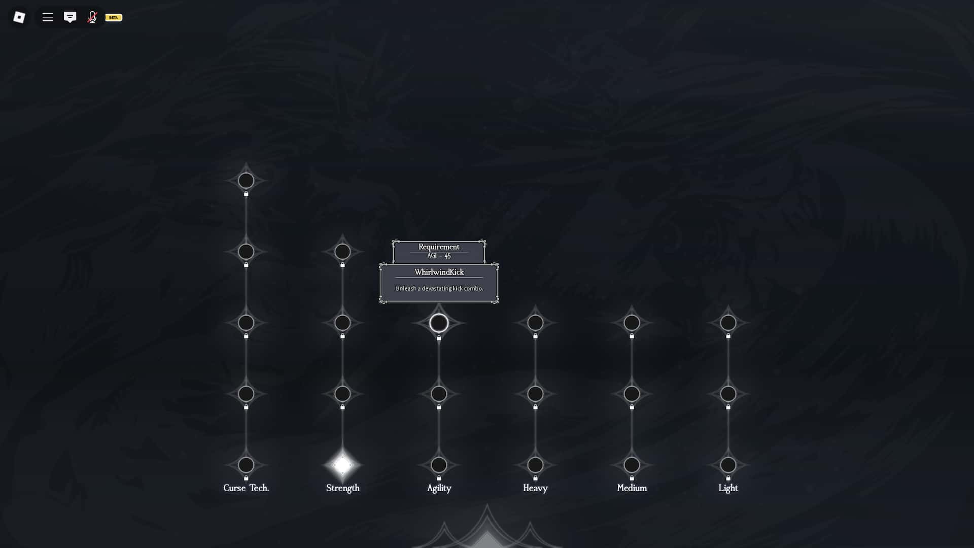 Skill trees in Heian Roblox experience.