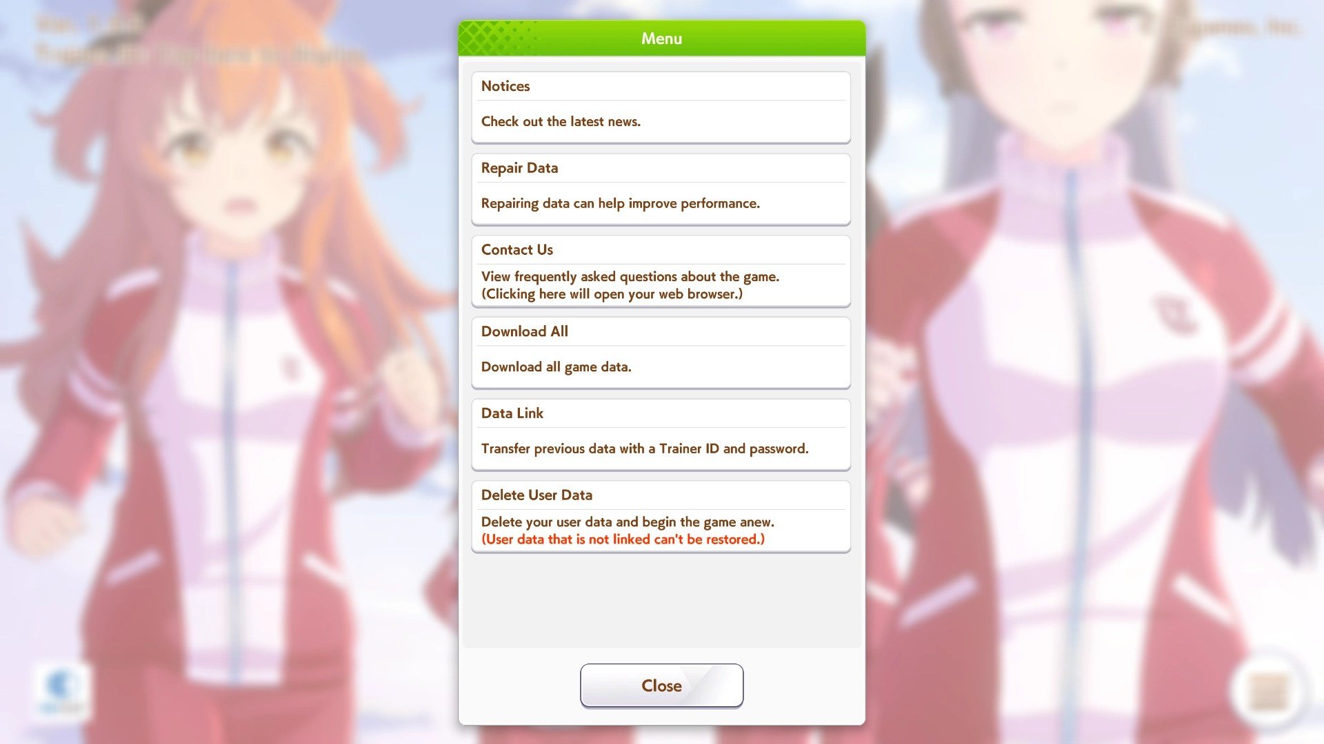 Preview of the main menu in Uma Musume Pretty Derby where one can delete their user data if they want to reroll their account.