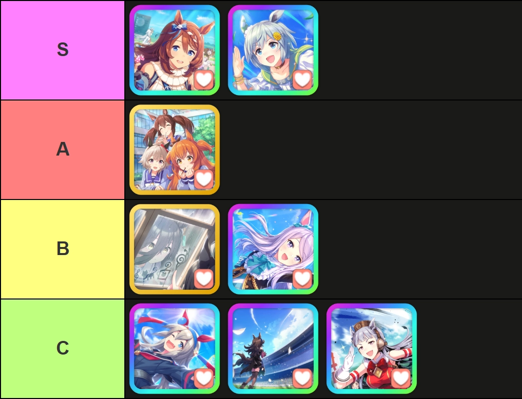 A tier list of all Stamina support cards in Umamusume: Pretty Derby, made via TierMaker, that goes as follows: S-tier: Super Creek, Seiun Sky; B-tier: Mayano Top Gun; C-tier: Manhattan Cafe, Mejiro McQueen; C-tier: Tamamo Cross, Rice Shower, Gold Ship.
