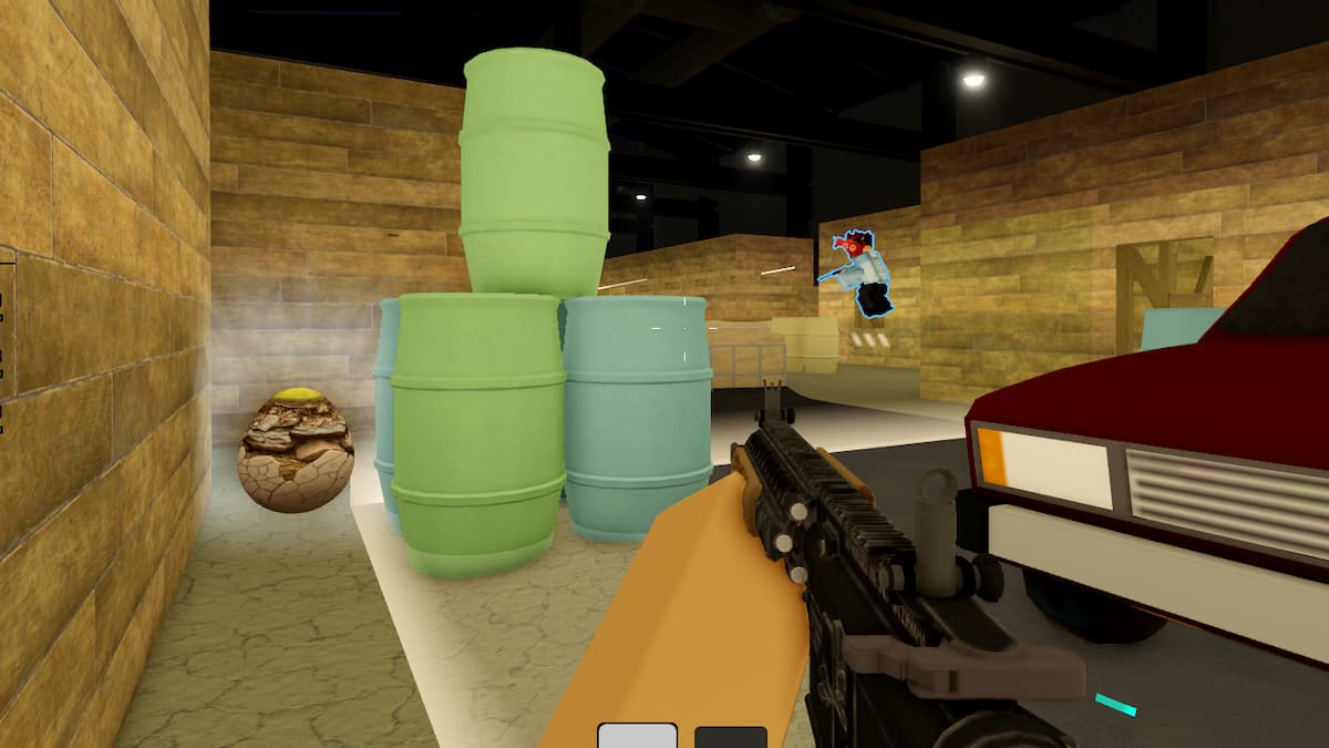 An Egg near a barrel in Airsoft Battle