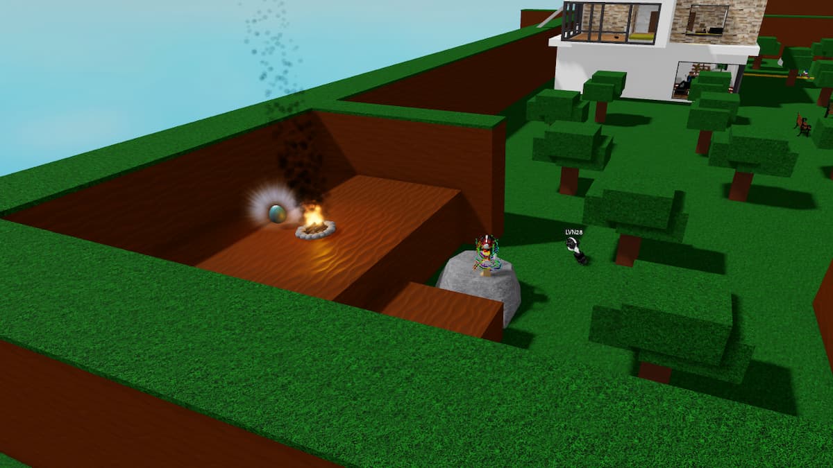 An Energy Egg behind a campfire