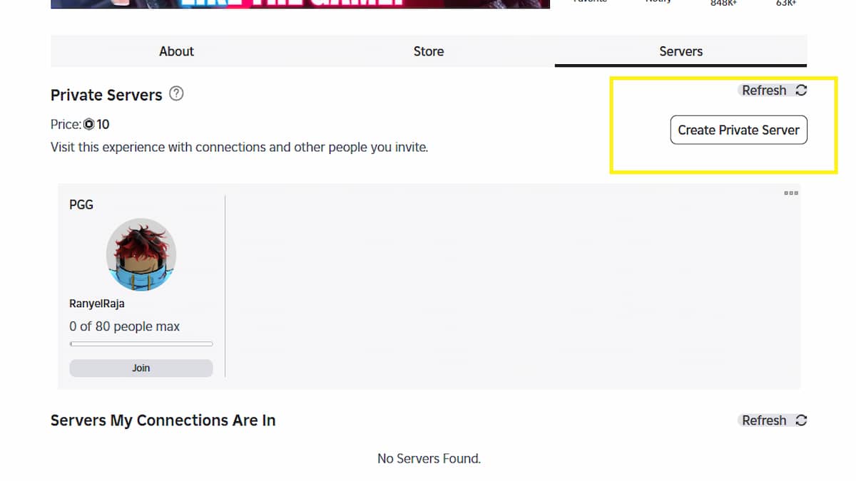 The Create Private Server Option in Roblox