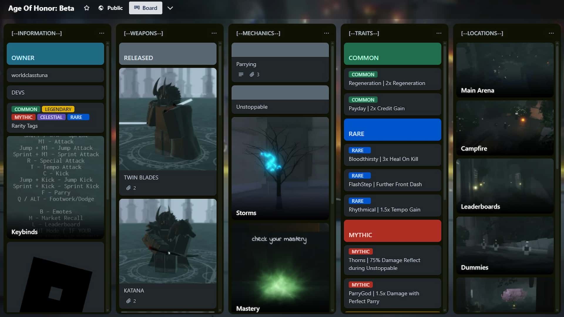 Age of Honor Roblox Trello board