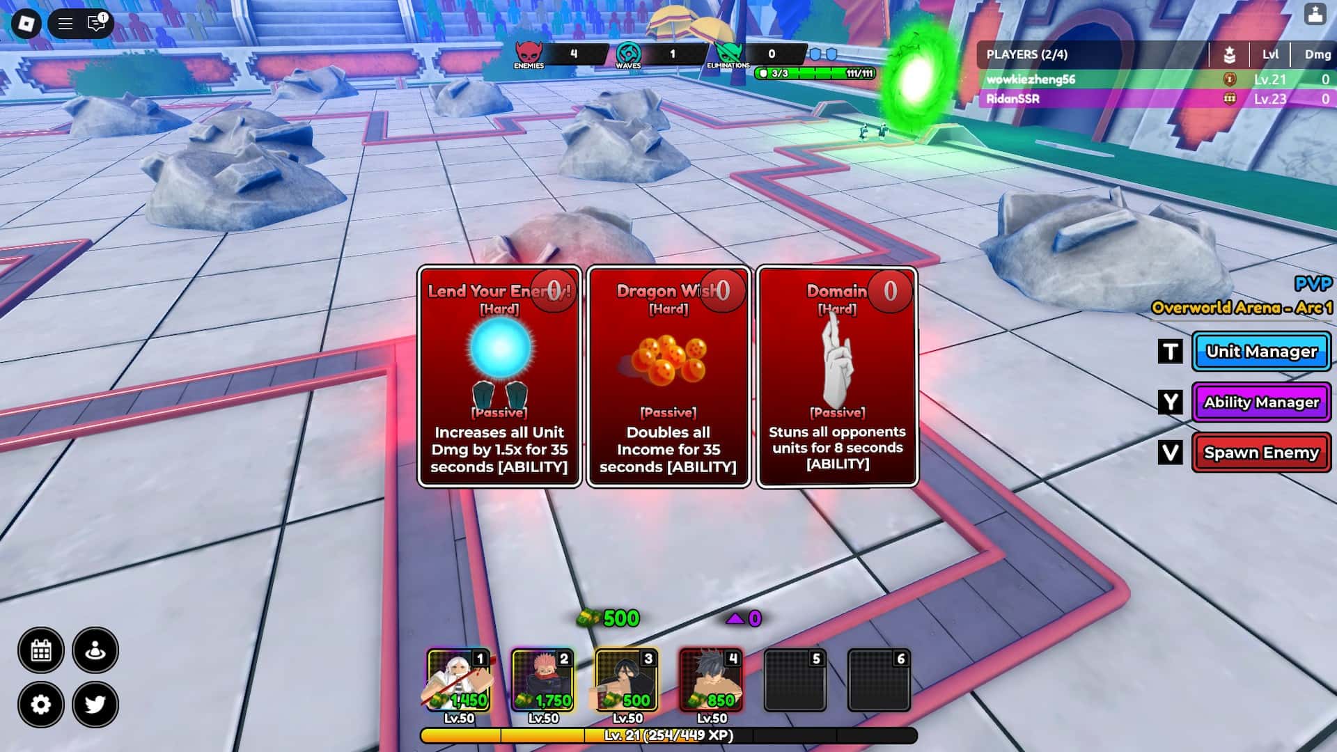 All Star Tower Defense X Roblox experience Ranked Arena PvP ability cards selection menu