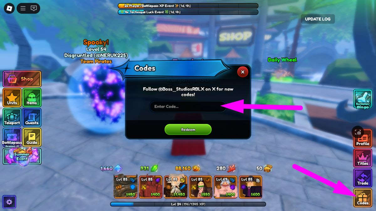Codes redemption menu in Anime Last Stand Roblox