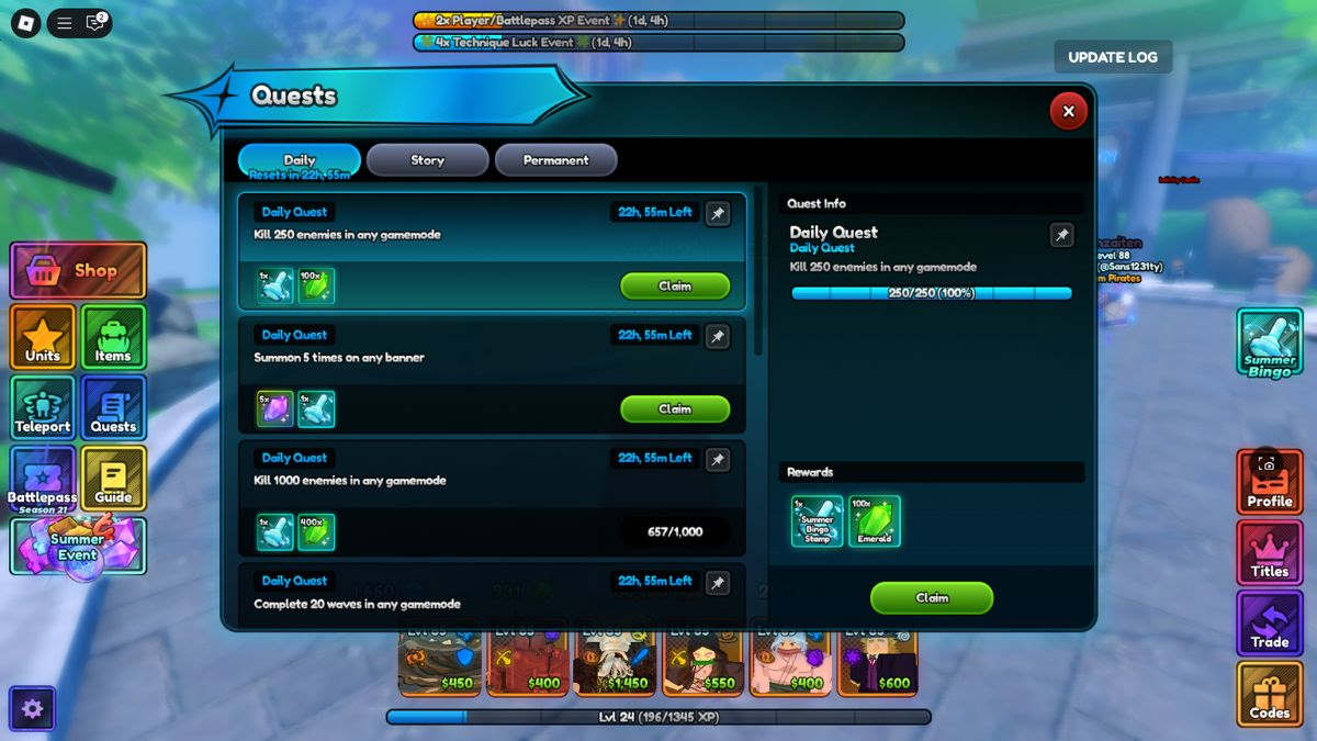 Quest rewards in Anime Last Stand Roblox
