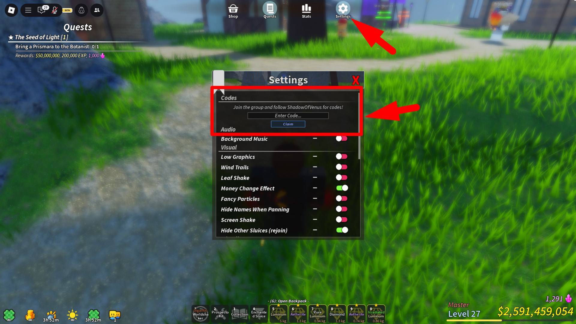 How to redeem codes in the Prospecting Roblox experience