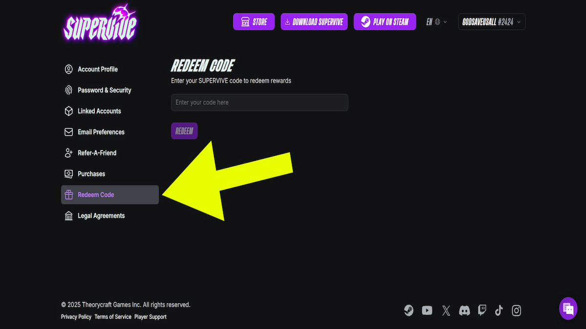 How to redeem codes in SUPERVIVE.