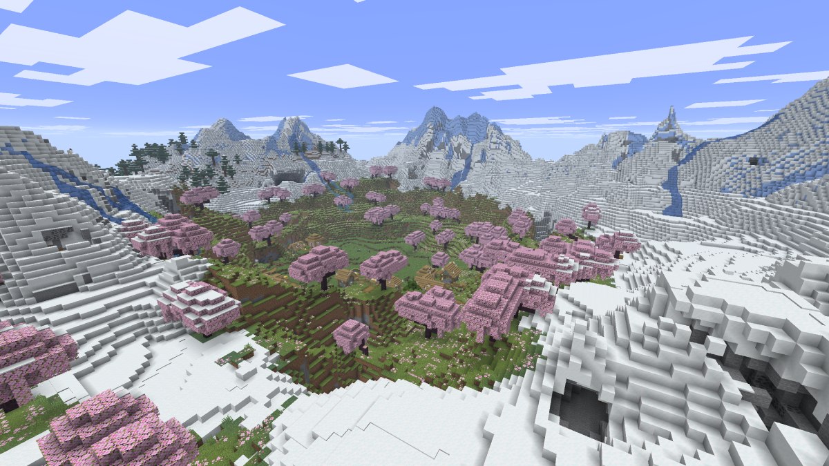 Minecraft snow biome seed cherry grove village surrounded by ice mountain waterfalls