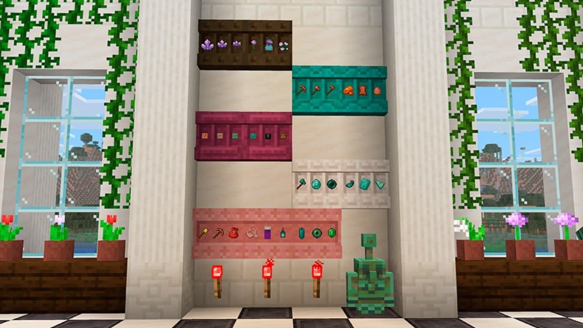 Minecraft shelf blocks connected and placed on wall