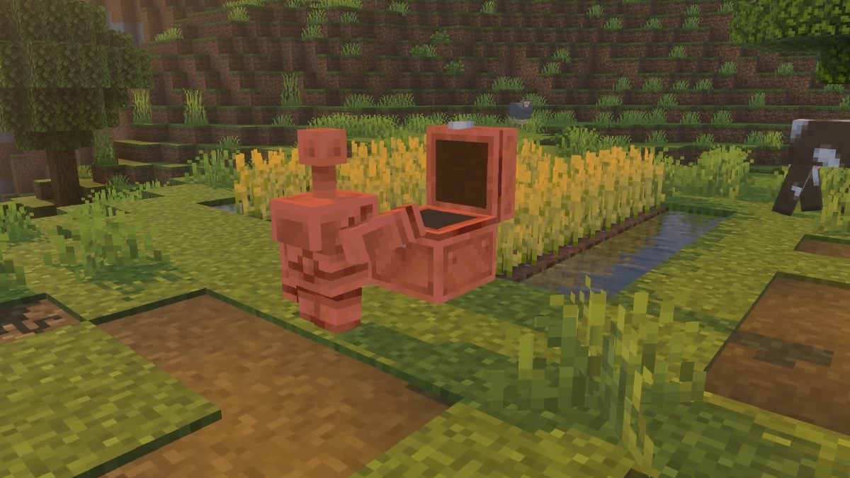 Minecraft copper golem working on copper chest near wheat field