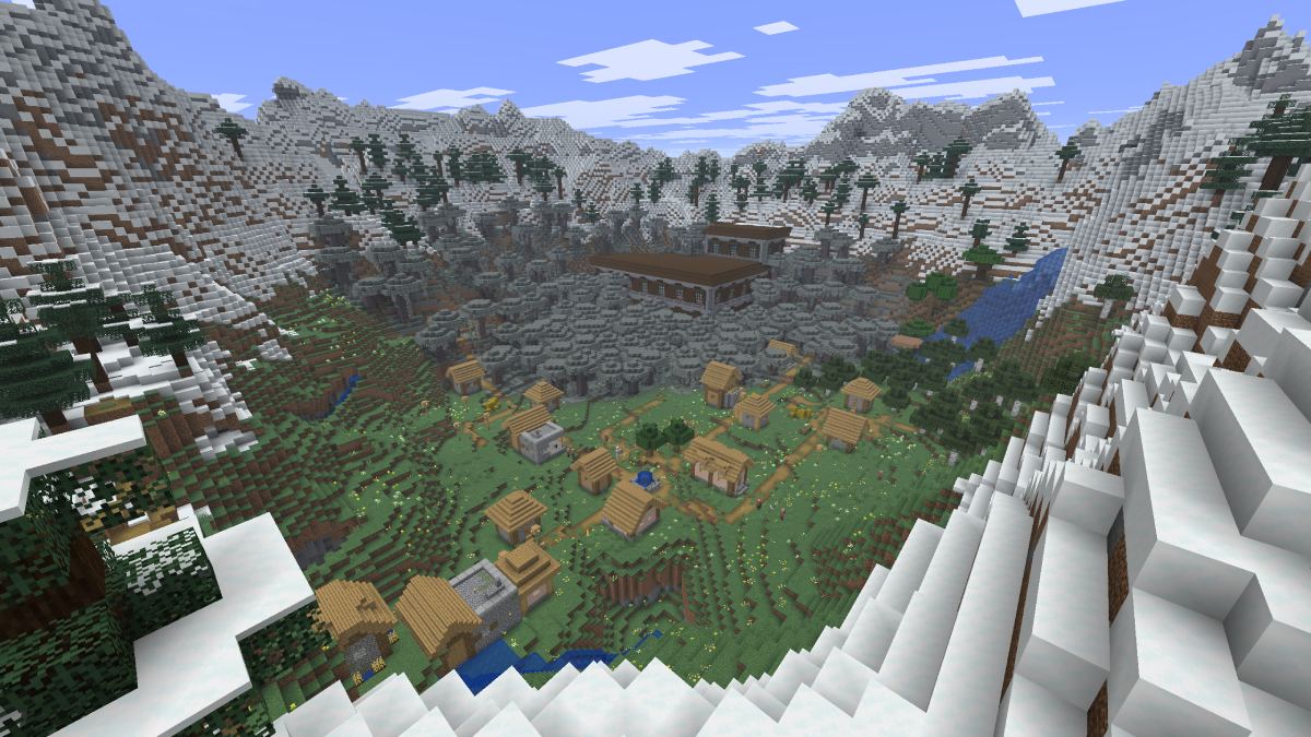 Minecraft snow biome seed pale garden mansion and village surrounded by ring of white ice mountains