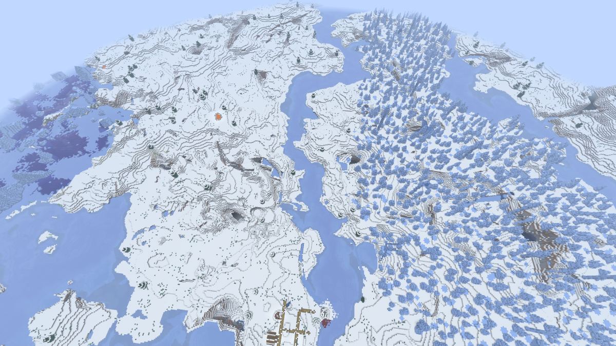 Minecraft best winter biome seed top down view of massive ice spike biome, frozen ocean and snowy fields