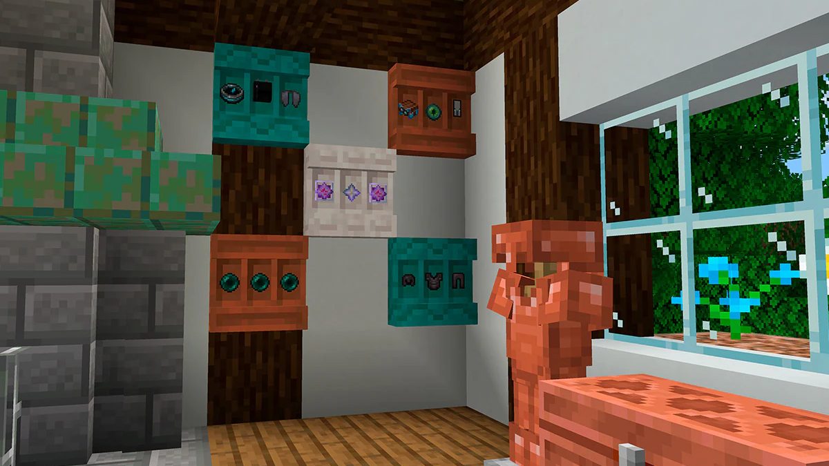 Minecraft new shelf block on wall holding items and copper armor