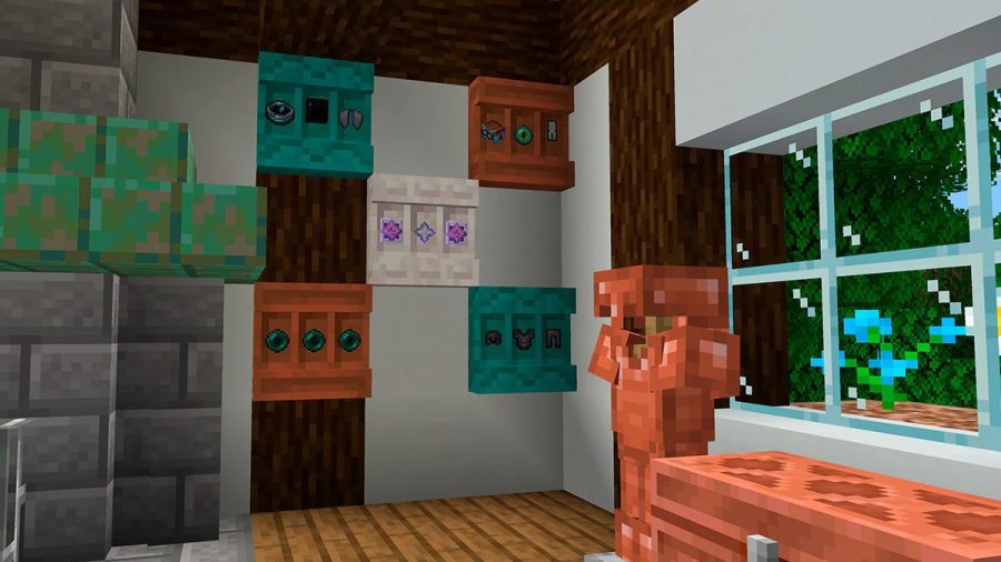 Minecraft new shelf block on wall holding items and copper armor