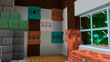 Minecraft new shelf block on wall holding items and copper armor