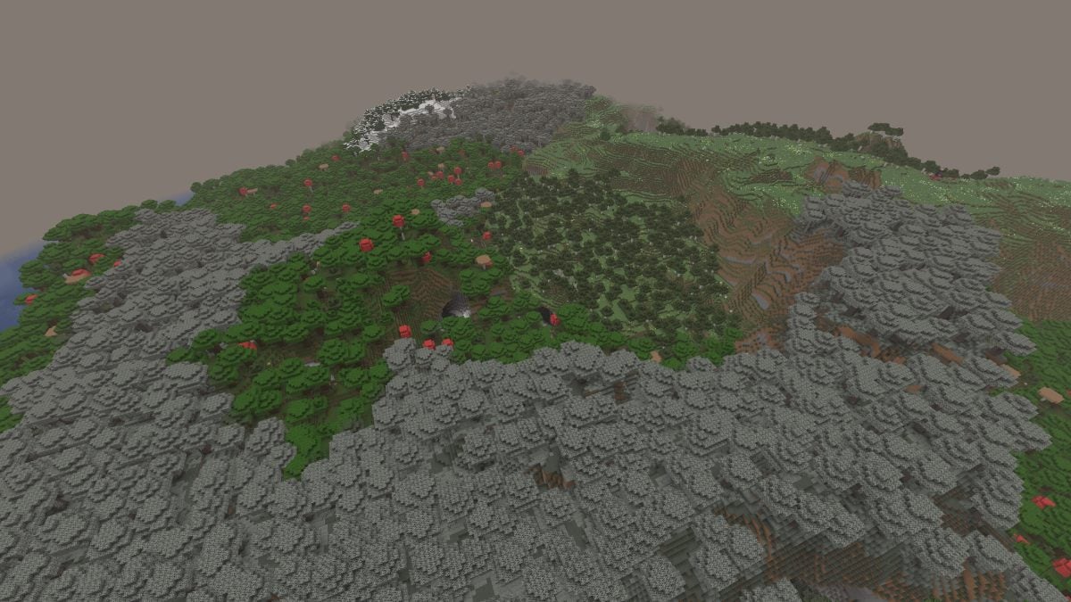 Minecraft a unique pale garden shape around a green forest with caves