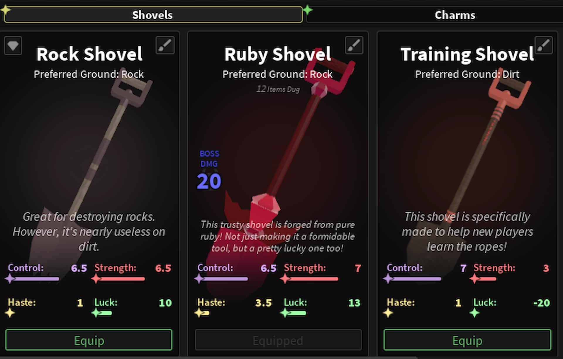 What shovel stats mean in DIG Roblox experience