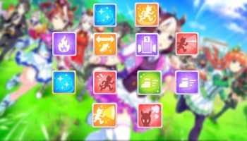 Umamusume pretty derby blurred background with 12 skill icons displayed