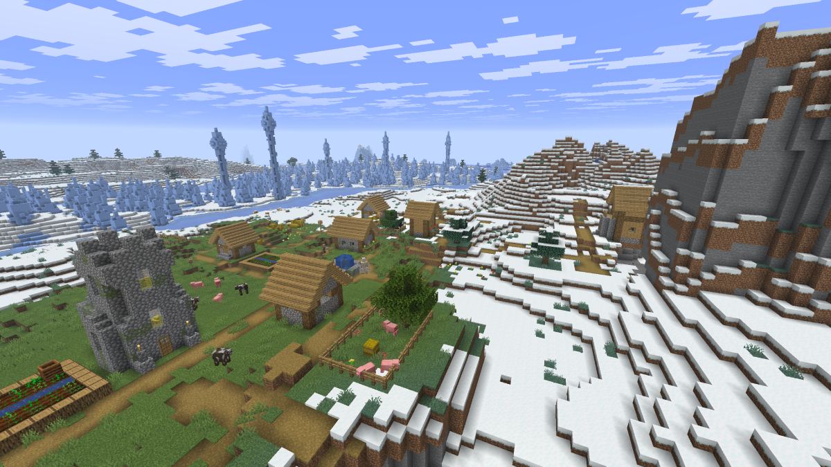 Minecraft snow biome seed green village in the middle of white snowy fields