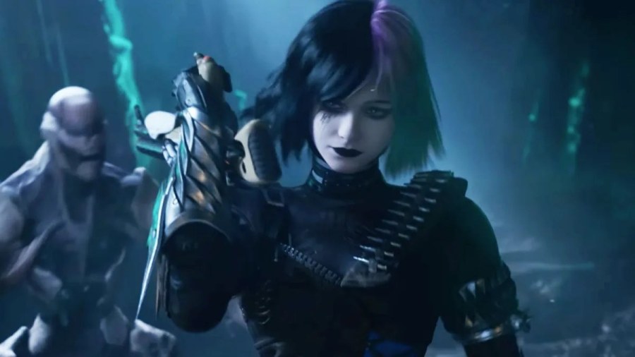 Destiny Rising Gwynn goth character holding pistol and ammunition and black shirt