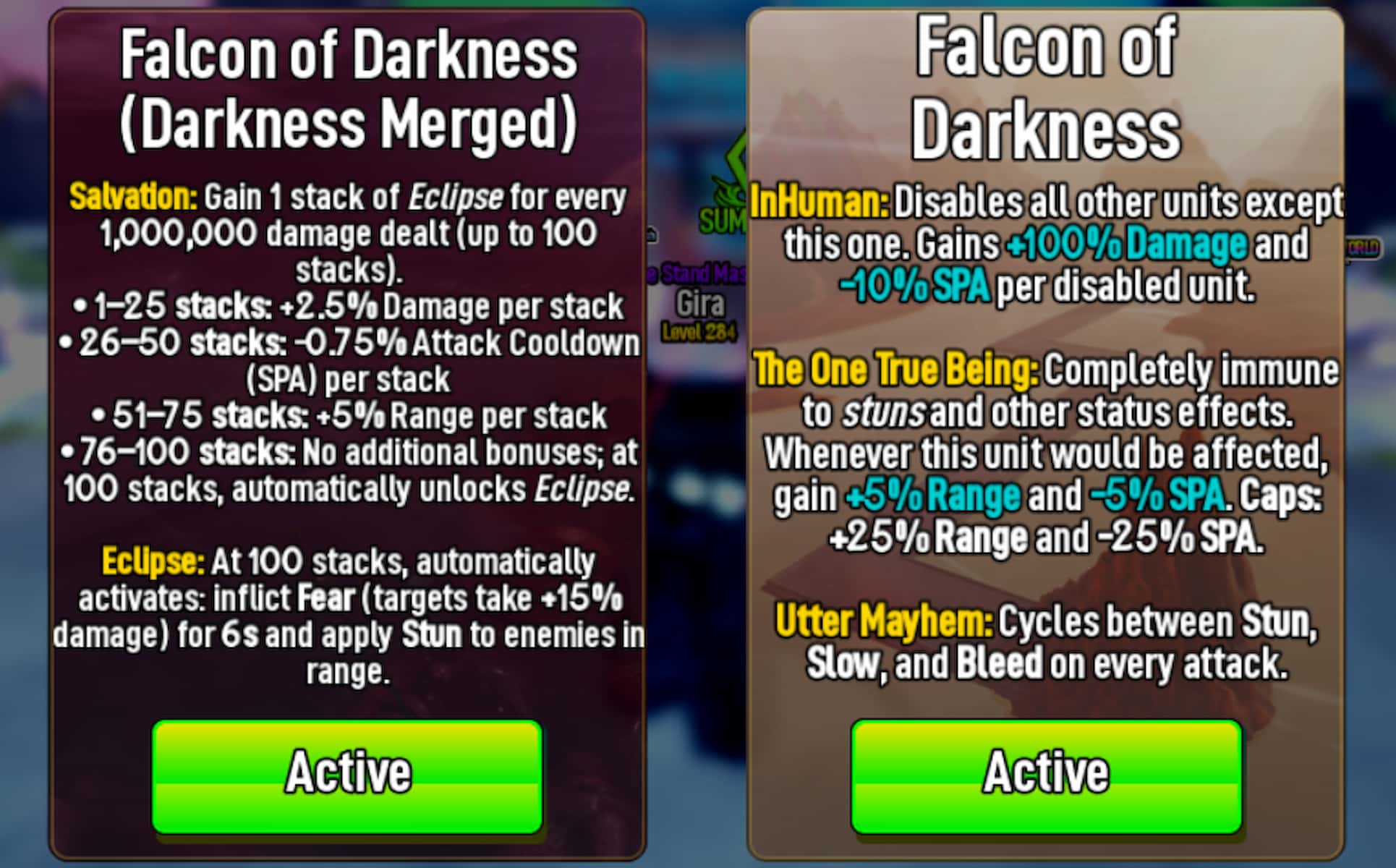 Falcon of Darkness and Falcon of Darkness (Darkness Merged) selection menu in Anime Rangers X