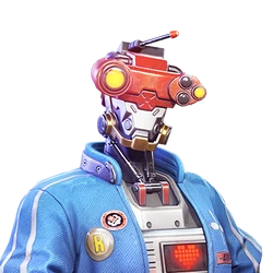 Farlight 84 character splash art MKR robot wearing a blue jacket and a red visor