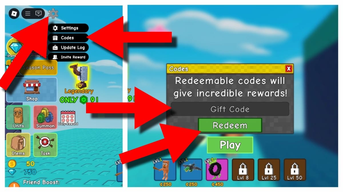 How to redeem Just Brainrot Tower Defense codes