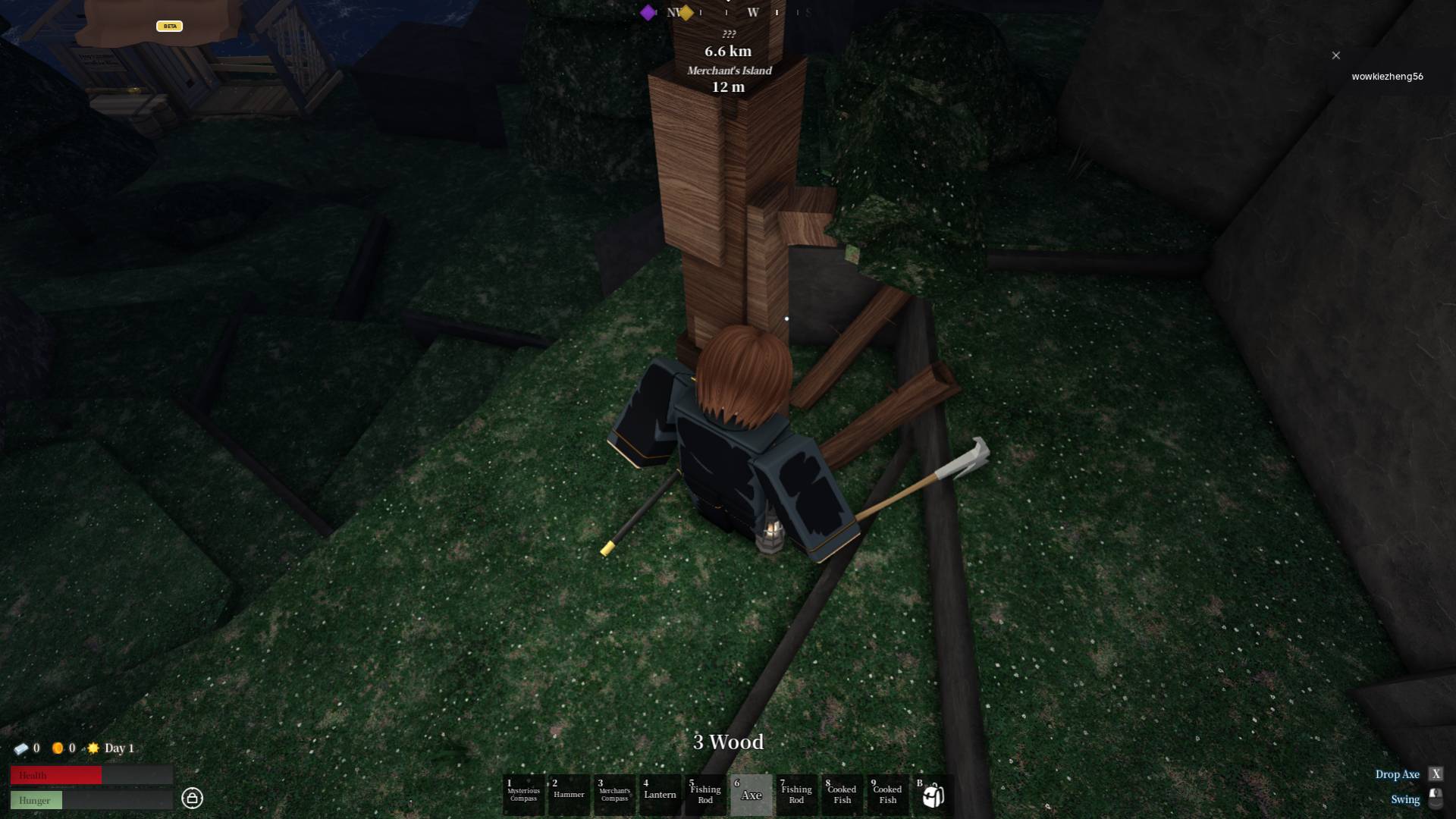 How to use the axe to get wood in the Voyagers Roblox experience