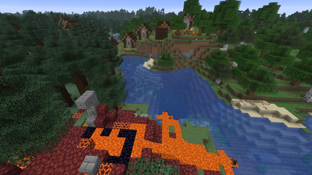 Minecraft nether portal lava and village near seed spawn