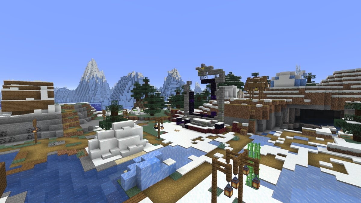 Minecraft snowy village with nether portal spawned in the middle