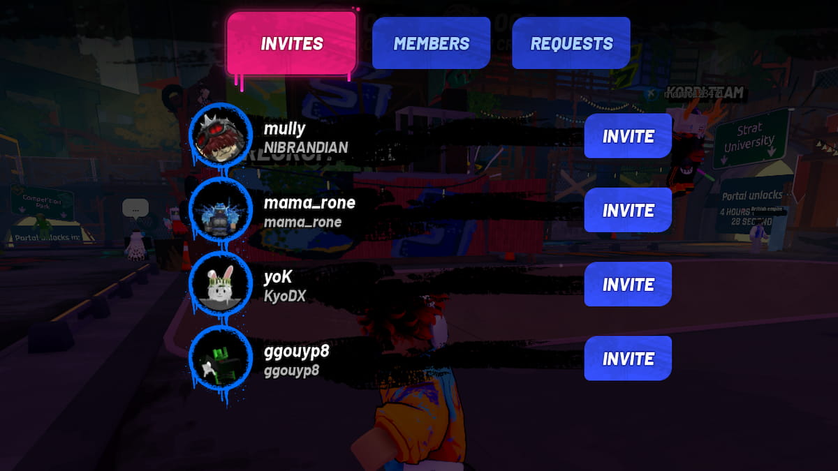 A Invite menu in Roblox The Takeover