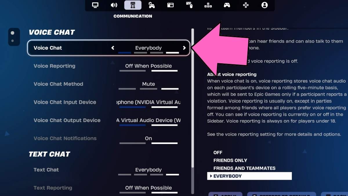 Fortnite Voice chat settings