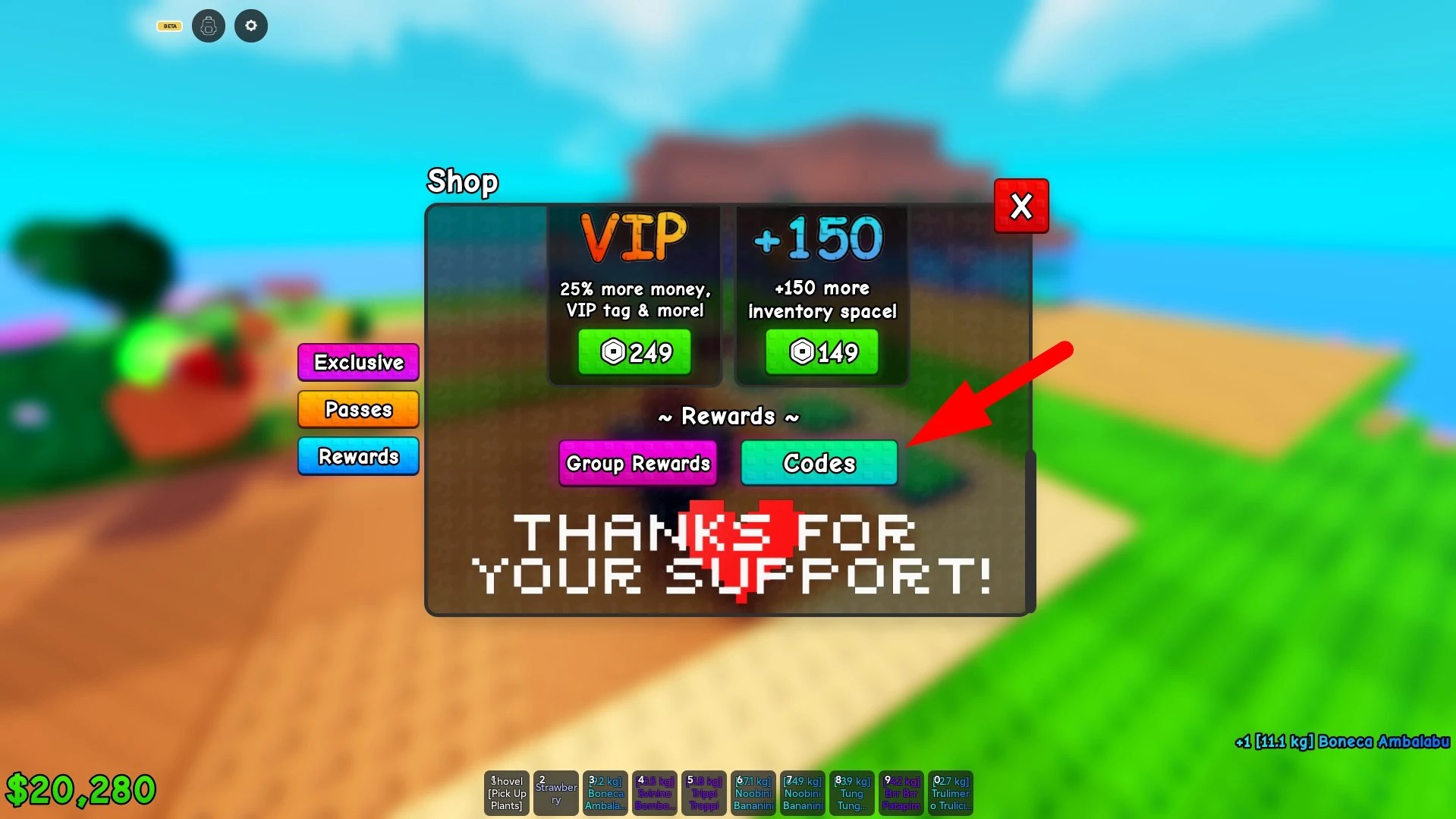 How to redeem codes in the Plants vs Brainrots codes