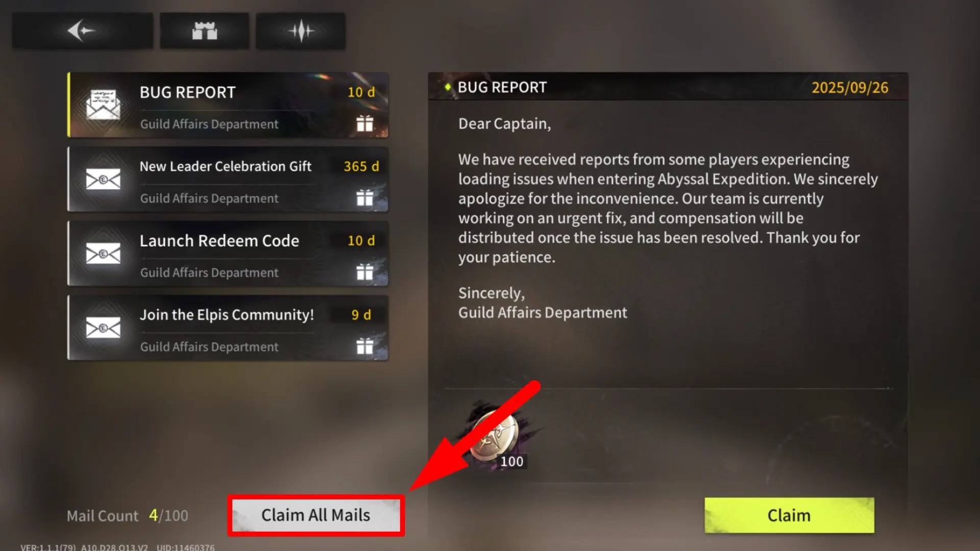 Collect mail rewards in Elpis Fallen Star as you reroll your account