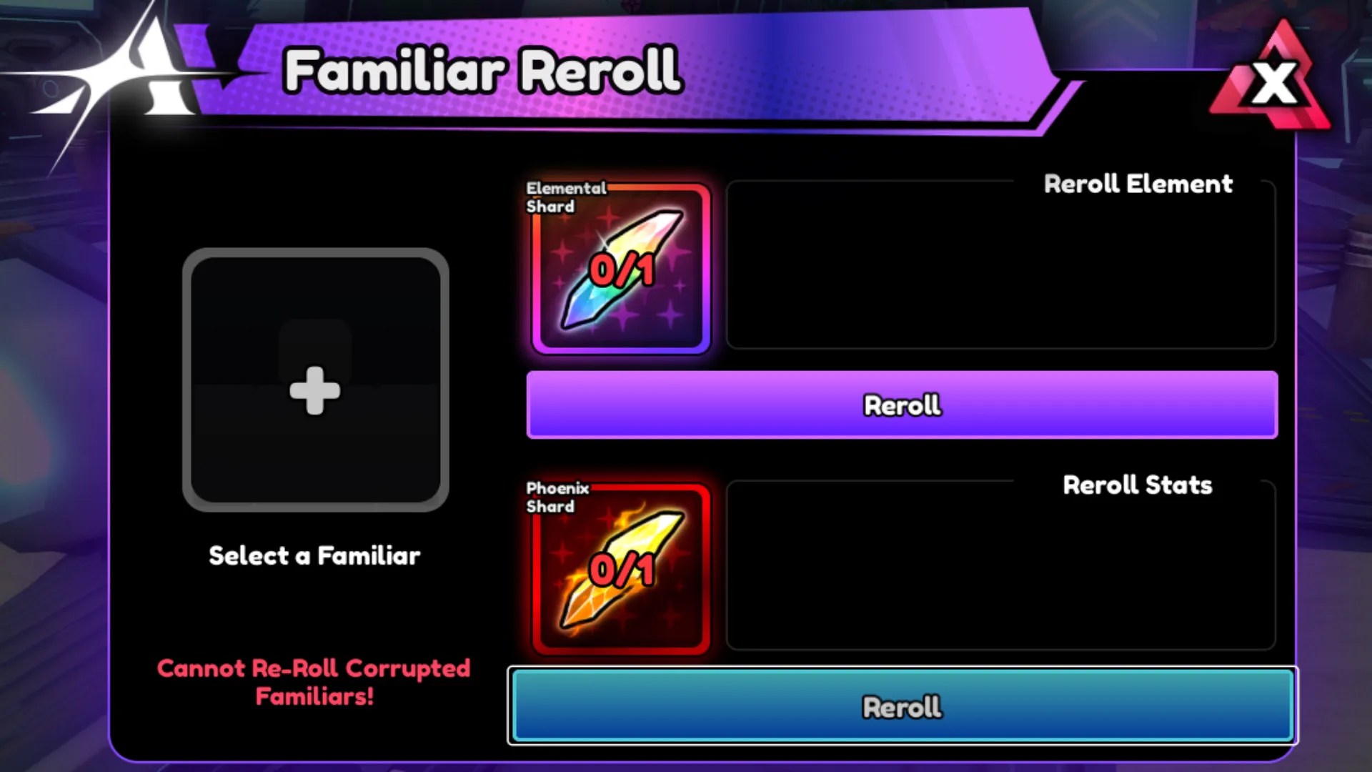 How to reroll familiar stats and element in Anime Vanguards