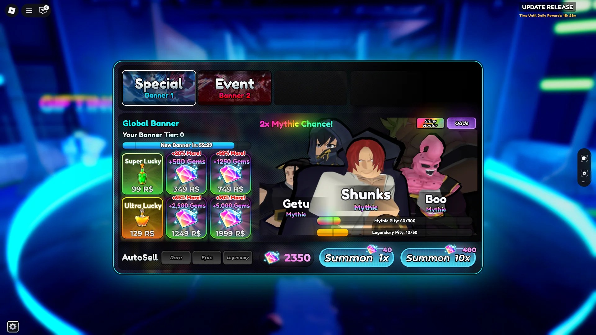 Preview of the summon menu in Anime Crusaders Roblox experience.