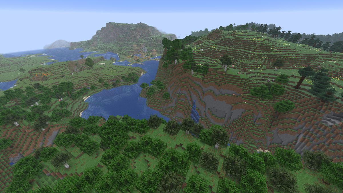 Minecraft two hills with river valley with flower and pine forests overlooking village