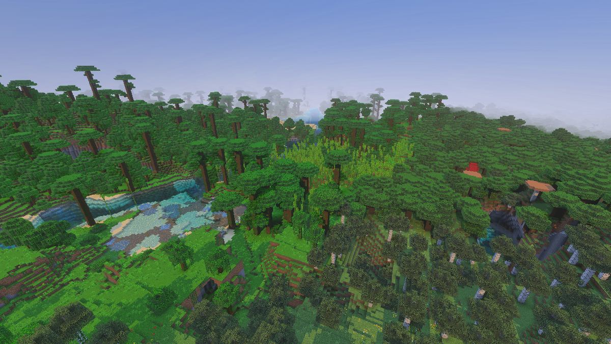 Minecraft mish mash biomes with green, dark green, lighjt green and mushroom forests