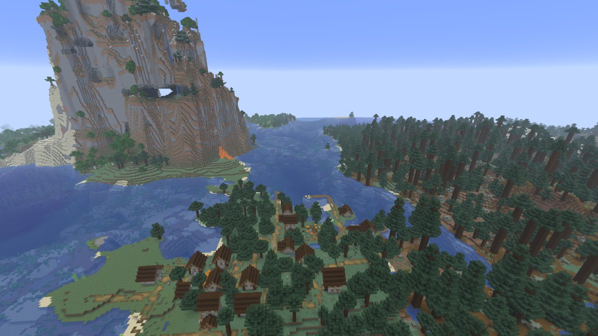 Minecraft hollow mountain overlooking old oak tree forest village