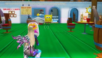 Fortnite character building the Krusty Krab in SpongeBob Tycoon