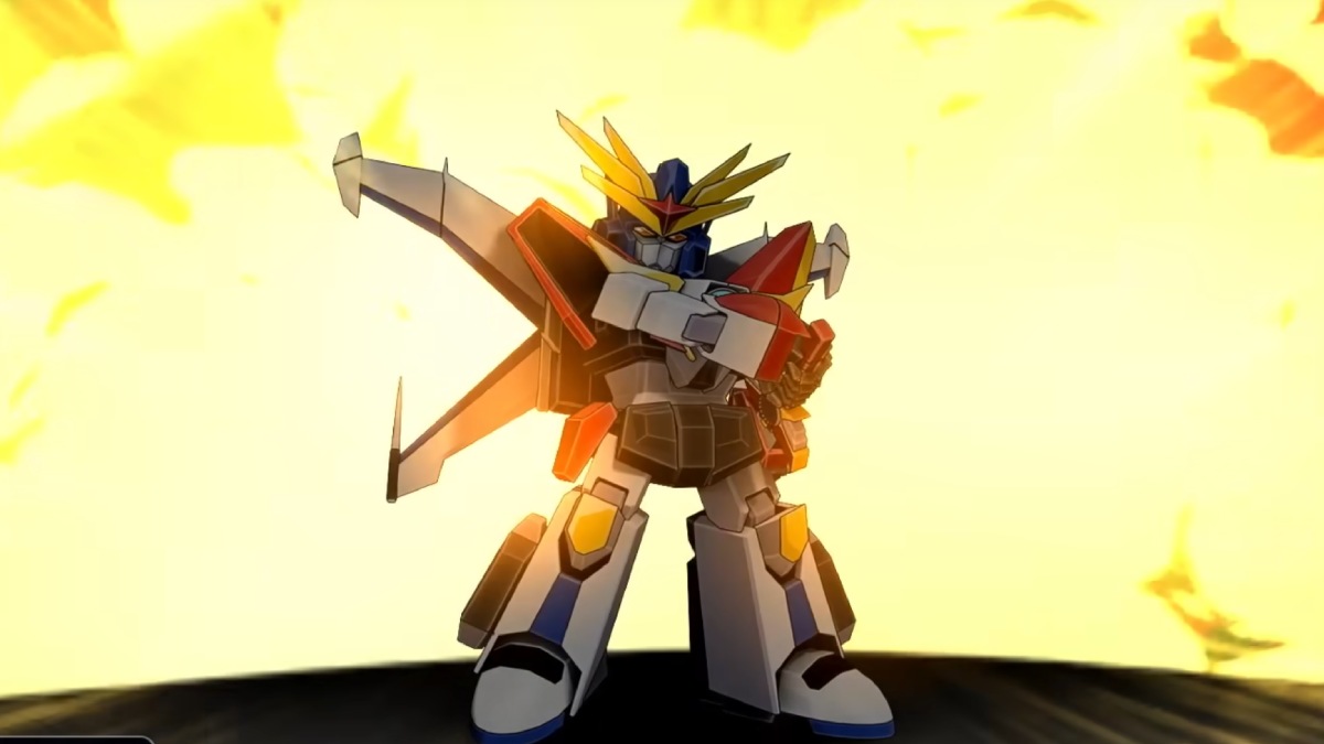 Super Robot Wars Y robot with sword and explosion behind it secret DLC character