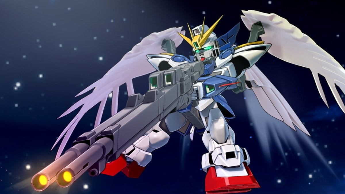 Super Robot Wars Y Robot flying in space with wings holding long rail gun