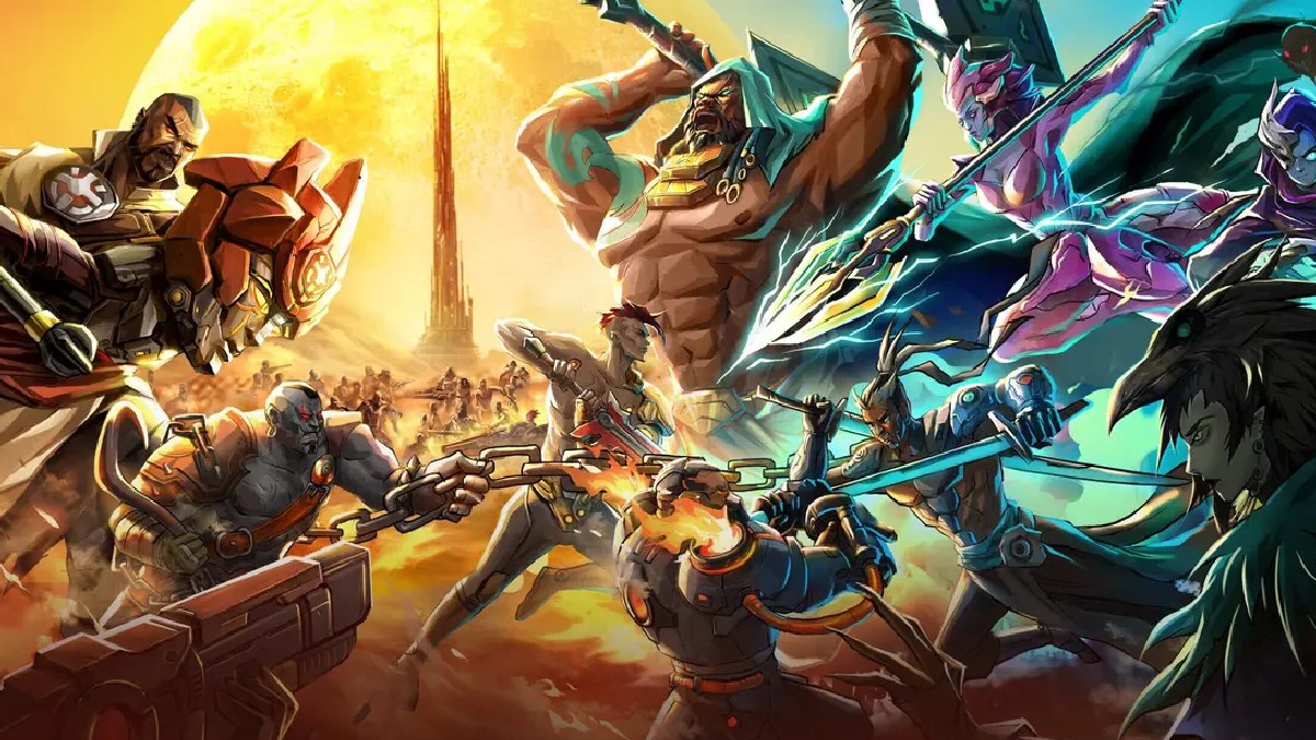 Warborne Above Ashes promo art with two teams of characters fighting each other